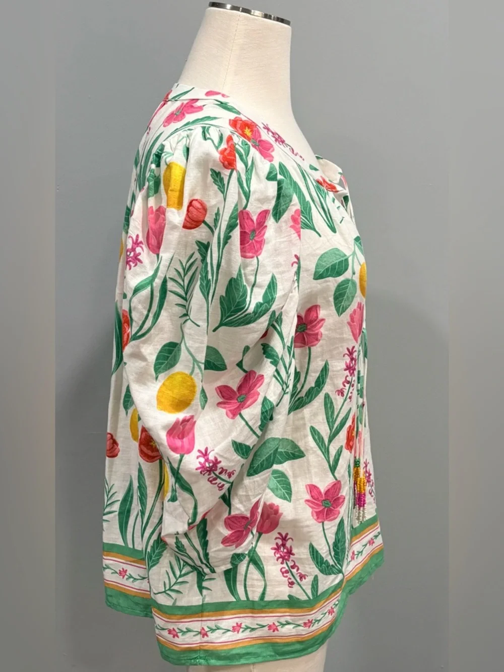 Rachel Zoe Linen Blend Pink Red and Yellow Lemons 3/4 Sleeve Tie Front Blouse XL - Picture 7 of 11